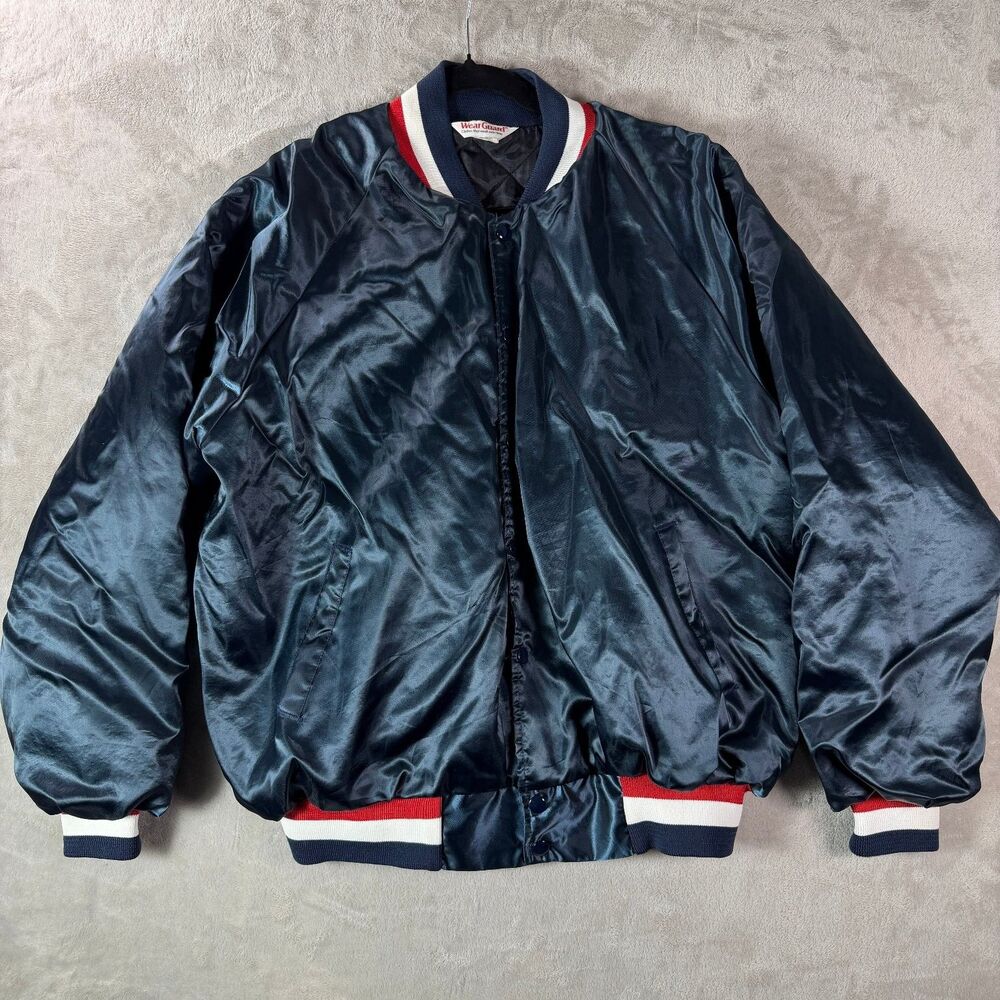 Vintage WearGuard XL Satin Bomber Jacket Navy USA Made Varsity 80s 90s
